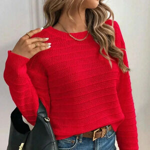 Red Casual Women's Elegant Bowknot Decor Drop Shoulder Sweater